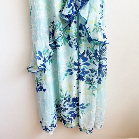 Lulus Sammi Blue Floral Ruffle wrap Maxi Dress Wedding Formal coastal beachy S - Picture 7 of 16